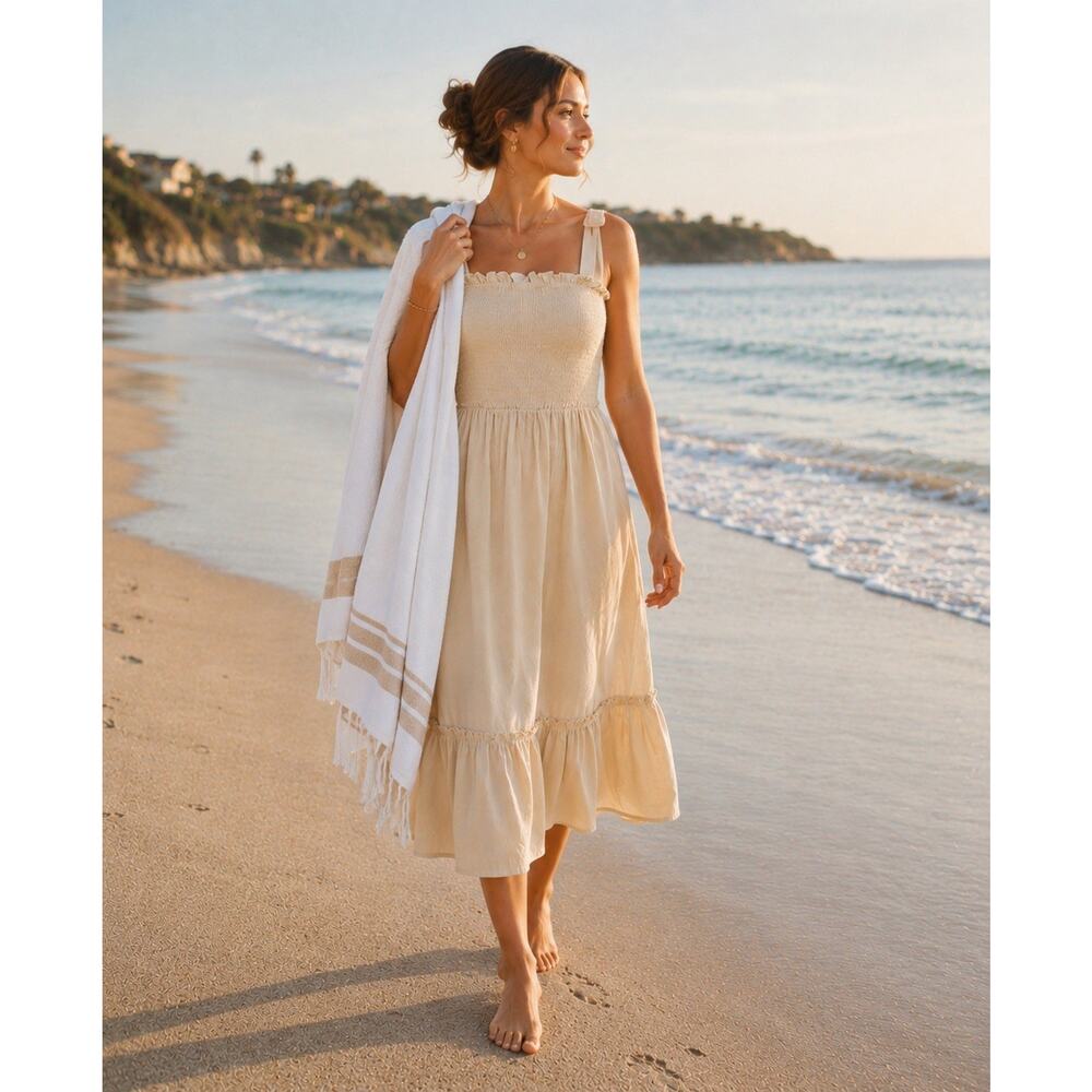 NEW Size XL Summer Boho Sundress Cotton Linen-Look, Tie-strap Ruffle Beach Cream